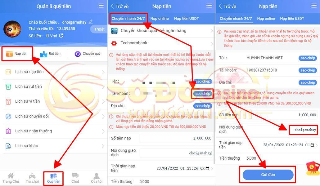 Hướng dẫn nạp tiền bằng hình thức chuyển nhanh 24/7