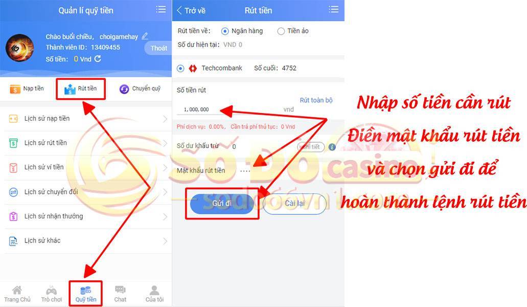 Hướng dẫn rút tiền tại SODO66